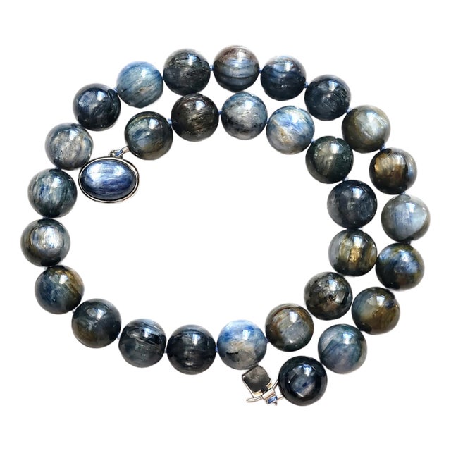 Blue Kyanite Beaded Necklace With Sterling Silver Kyanite Clasp For Sale