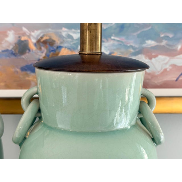 Ceramic Vintage Frederick Cooper Crackle-Glazed Celadon Porcelain Table Lamps For Sale - Image 7 of 14