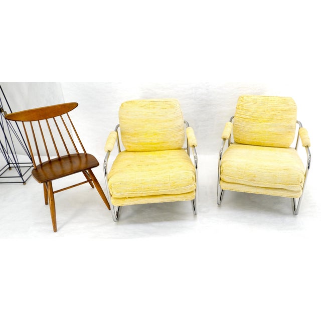 Pair Bent Tube Frame Mid Century Modern Lounge Chairs Baughman Cassina Style For Sale - Image 12 of 14