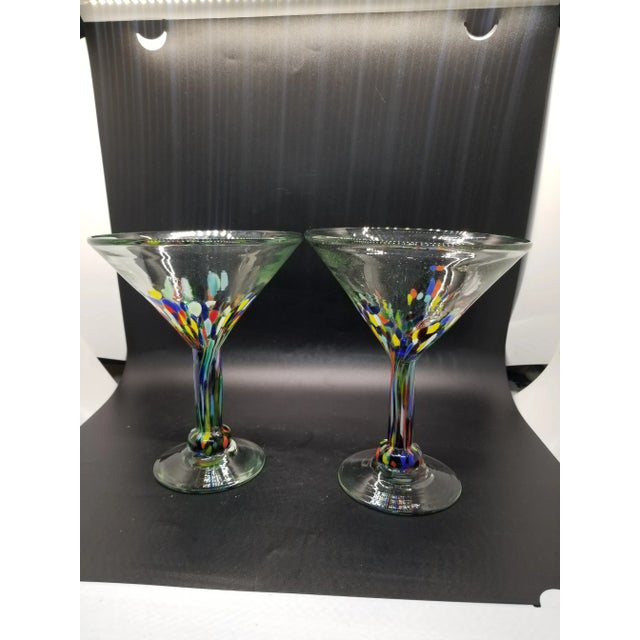 2000 - 2009 Vintage Mexican Hand Blown Multi Colored Confetti Martini/Margarita Glasses (Set of 2) For Sale - Image 5 of 5