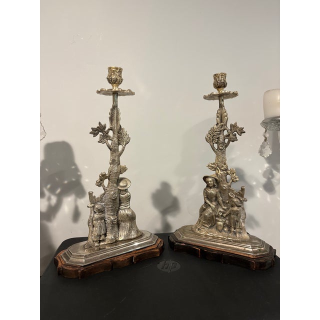 1940s Candlestick Candle Holder Metal & Wood Base Mother Child Tree Sp c.2000 For Sale - Image 5 of 10