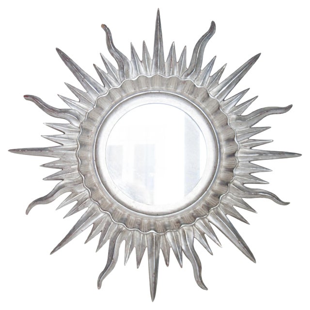 Mid-Century Sun Silver Wood French Mirror, 1960s For Sale