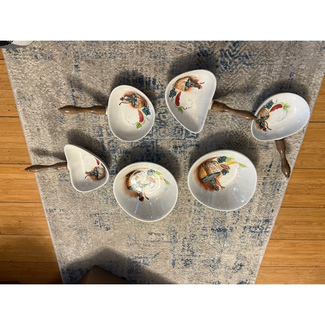 1970s Porcelain Skillet, Dipping Dish, Vintage Appetizer Set With Wooden Handles- Set of 6 For Sale - Image 5 of 9