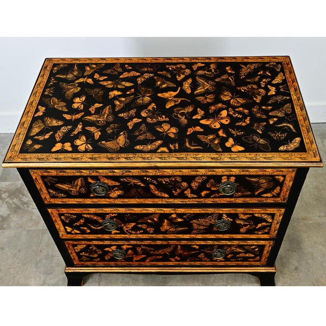 Modern English Painted Pine Chest of Drawers with Moth Decoupage For Sale - Image 3 of 12