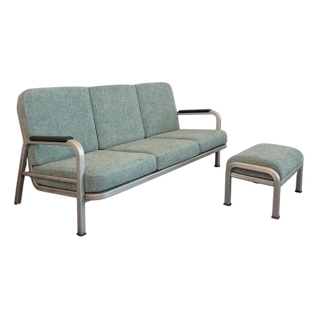 1950s Machine Age Industrial Aluminum Frame Sofa and Ottoman Set For Sale