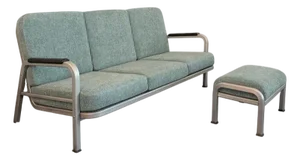 1950s Machine Age Industrial Aluminum Frame Sofa and Ottoman Set