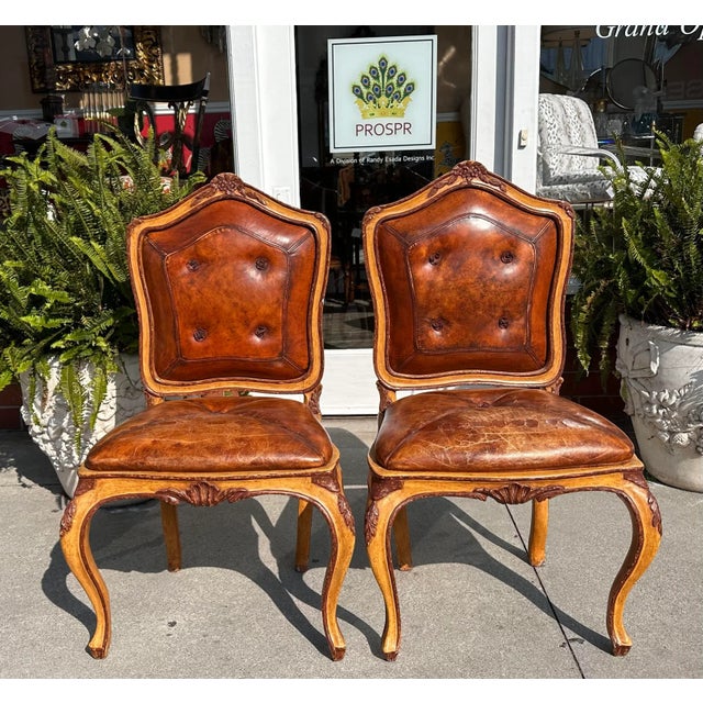 Pair of Antique 18th C Side Chairs With Distressed Leather Seats For Sale - Image 4 of 4