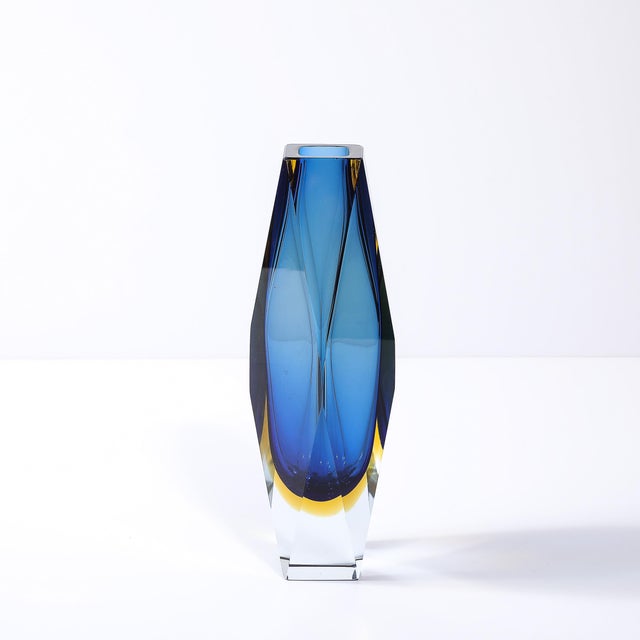 Mid-Century Mandruzzato Faceted Murano Glass Vase in Citrine and Smoked Cerulean For Sale - Image 17 of 18