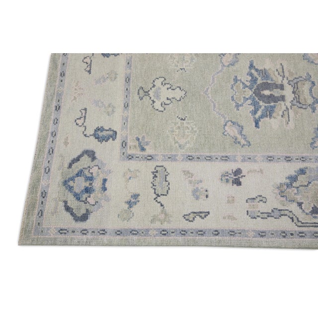 Modern Early 21st Century Green & Blue Handwoven Turkish Oushak Runner 3'8" X 7'8" For Sale - Image 3 of 6