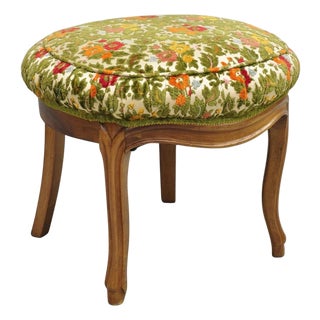 Vintage French Country Provincial Style Walnut Round Seat Vanity Bench Stool For Sale