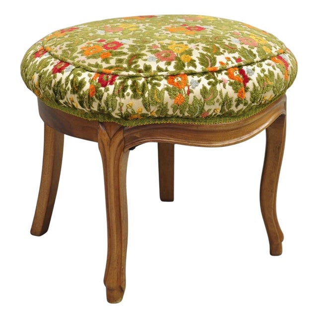Vintage French Country Provincial Style Walnut Round Seat Vanity Bench Stool For Sale