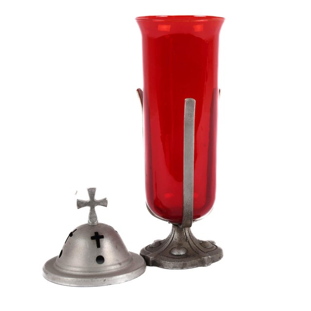 Early 20th Century Antique Red Glass Sanctuary Candle Lamp With Cross Finial & Metal Base For Sale - Image 5 of 5
