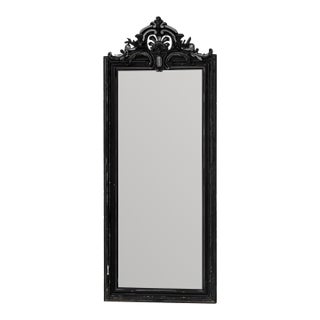 19th Century French Wood Black Patinated Mirror with Ornate Crest For Sale
