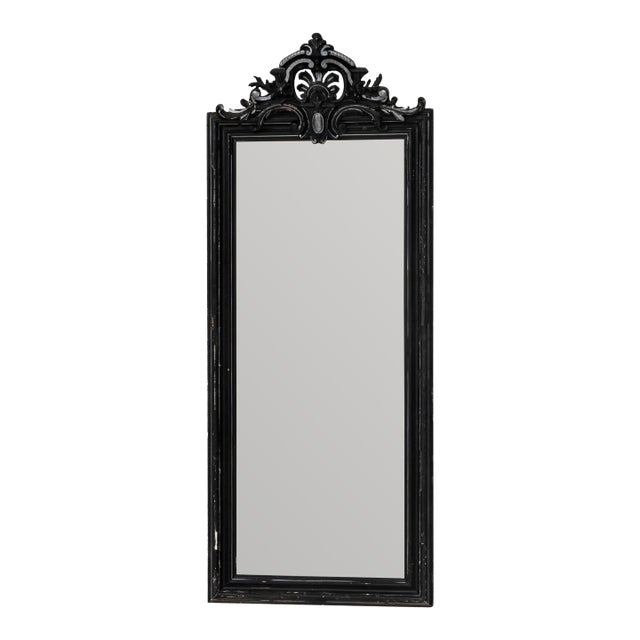 19th Century French Wood Black Patinated Mirror with Ornate Crest For Sale