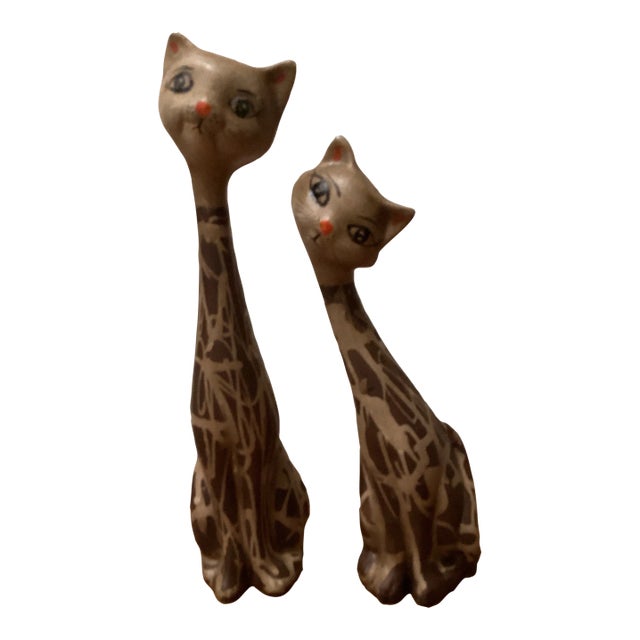 Vintage Pair of Italian Long Neck Ceramic Cat Figurines For Sale