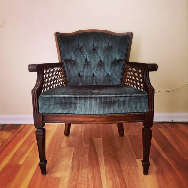 Boho Chic Vintage Cane Deep Emerald Green Velvet Barrel Chair For Sale - Image 3 of 5