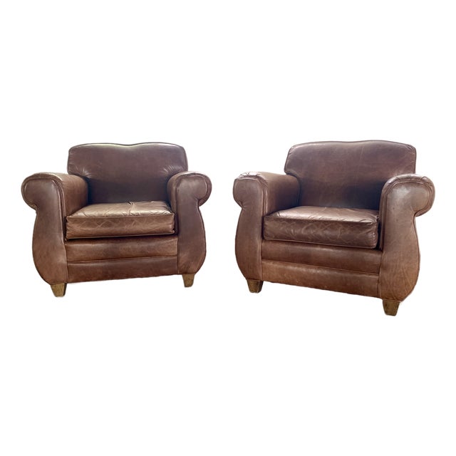 Pair of Leather Club Chairs, French Art Deco-Style, Classic Distressed Brown Leather, "Mustache" Back For Sale