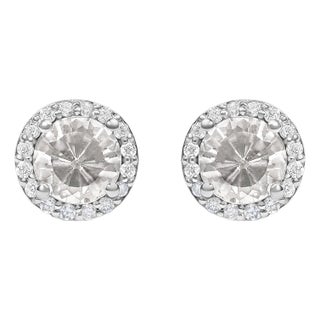 10K White Gold White Topaz and 1/6 Cttw Diamond Halo Stud Earring For Sale