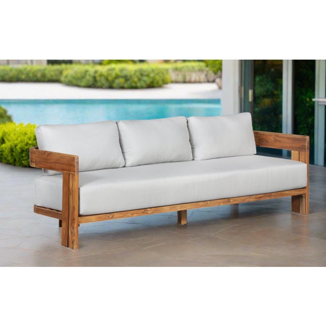 Paradiso Outdoor Solid Teak Wood Sofa - Light Gray Fabric For Sale - Image 12 of 12