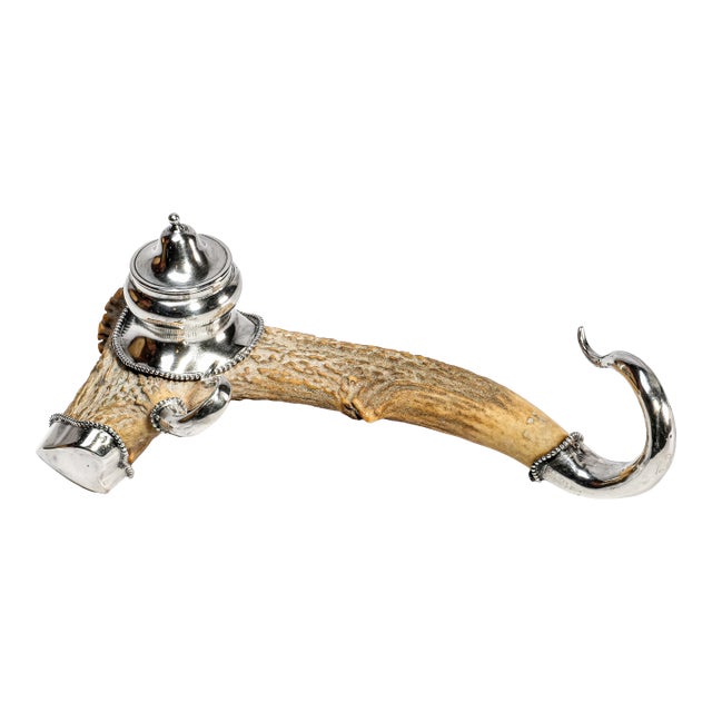 Rustic Antique Victorian Antler Sterling Silver Desk Inkwell Paperweight Nature Sculpture For Sale