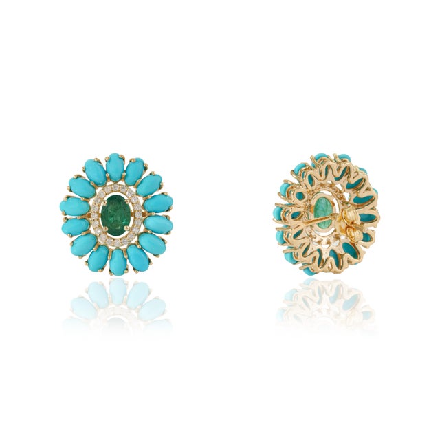 Not Yet Made - Made To Order Native American 14k Gold 7.0ct Emerald Turquoise & Diamond Flower Stud Earrings- A Pair For Sale - Image 5 of 14