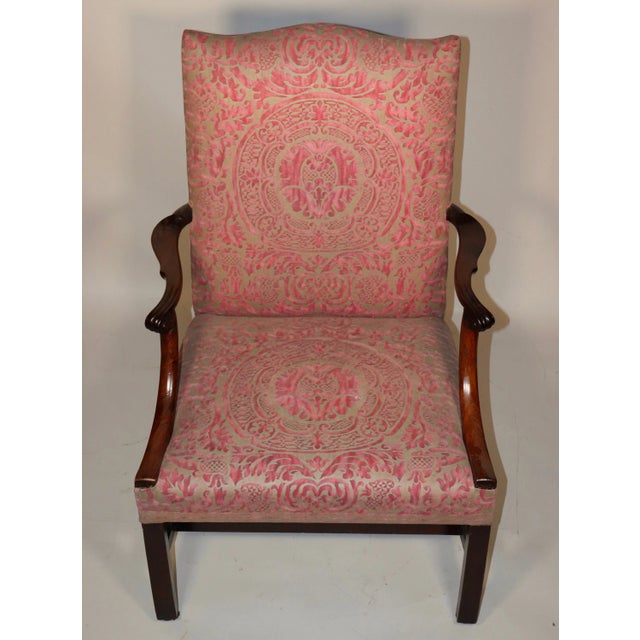 A very handsome Georgian Gainsborough mahogany armchair featuring beautiful Fortuny fabric. Fortuny fabric is known for...