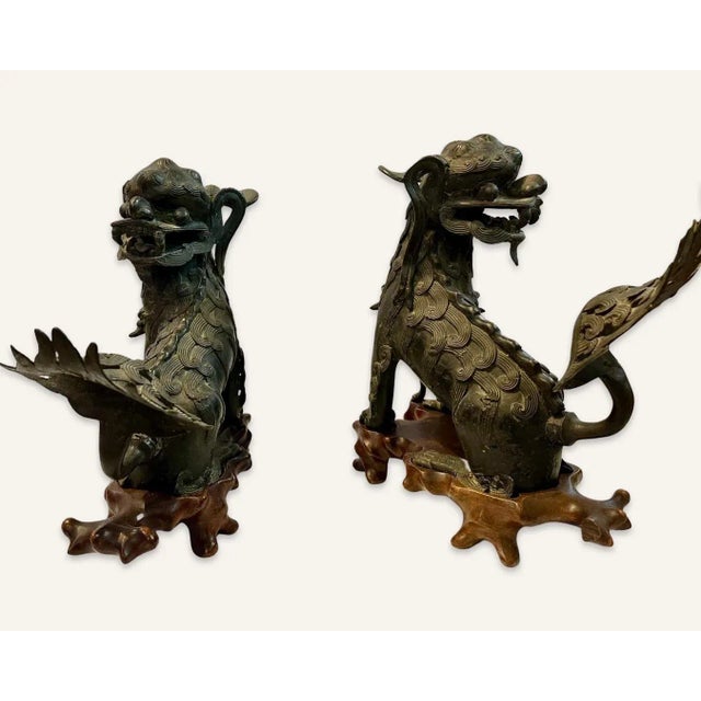 Asian Pair of 17th Century Late Ming Bronze Foo Dogs With Stands For Sale - Image 3 of 13