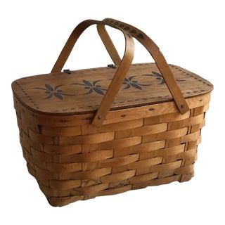 Antique Oak Splint Picnic Basket With Stenciled Embellishments For Sale
