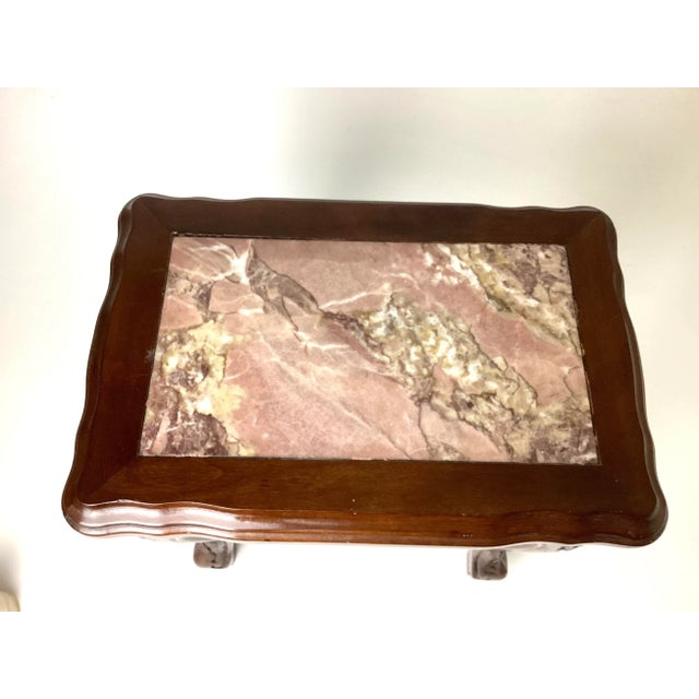 Wood Small Chinese Carved Wood Side Table With Inlaid Pink Marble Top For Sale - Image 7 of 8