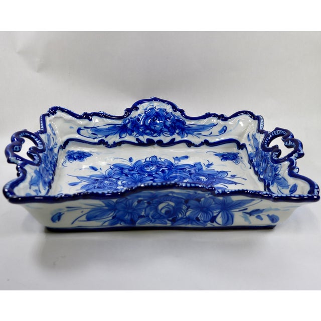 Blue Mid 20th Century Vestal Alcobaca Portugal Blue and White Floral Handled Ceramic Serving Tray For Sale - Image 8 of 16