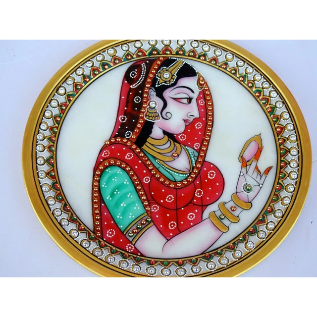 Marble Handicraft Plate Rajasthani Women Bani Thani Tribal Ethnic Hand Painted For Sale - Image 6 of 7