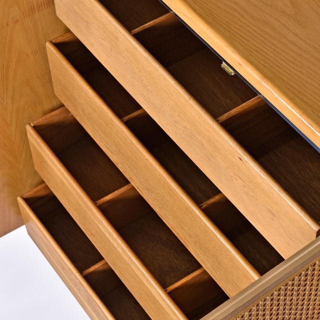 Wood 1970s John Stuart Modern Oak and Caned Front Chrome Trim Gentlemen's Tall Dresser For Sale - Image 7 of 15