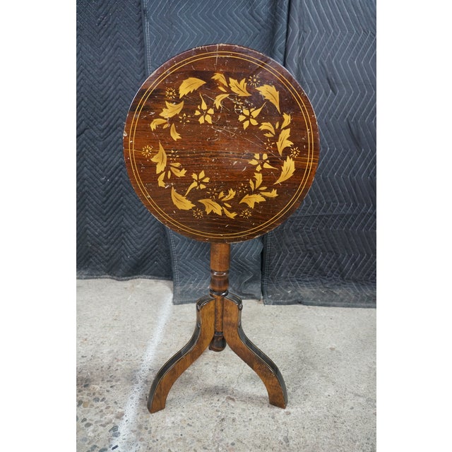 Vintage Federal Style Teak Stenciled Round Tilt Top Side Accent Table For Sale - Image 10 of 17