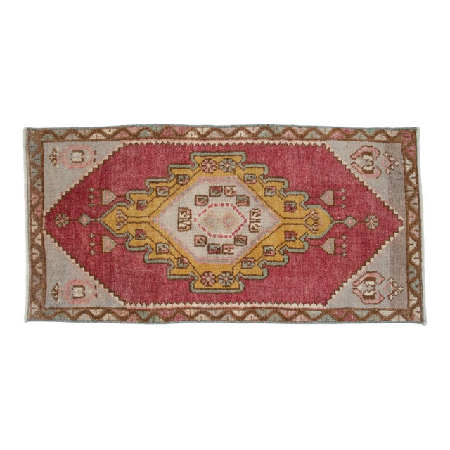1970s Low Pile Hand Knotted Turkisj Rug Faded Mat- 18'' X 37'' For Sale