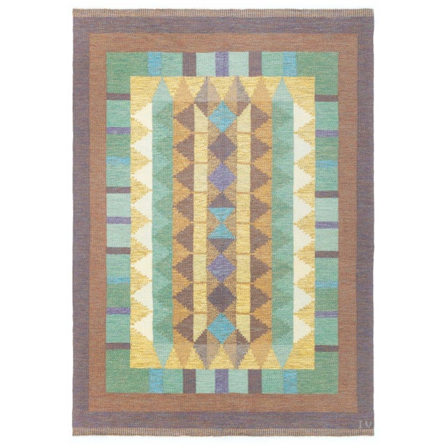 Doris Leslie Blau Vintage Swedish Flat Weave Rug Signed with Initials 'IV' For Sale