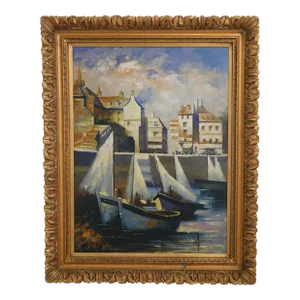 Large Gold Framed Boat Oil Painting on Board
