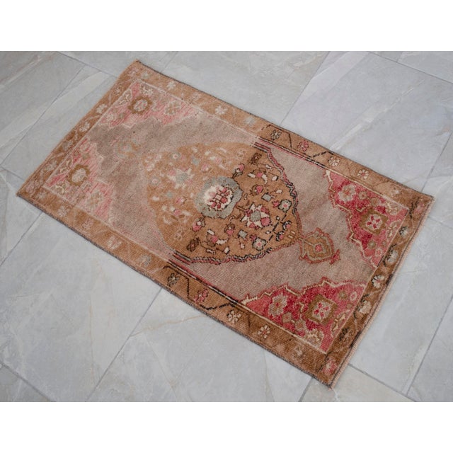 Vintage Turkish Small Rug Faded Pink Brown Hand Knotted Door Mat 20"x37" For Sale - Image 10 of 13