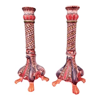 Faience Handpainted Candlesticks Portugal, 20th Century - a Pair For Sale