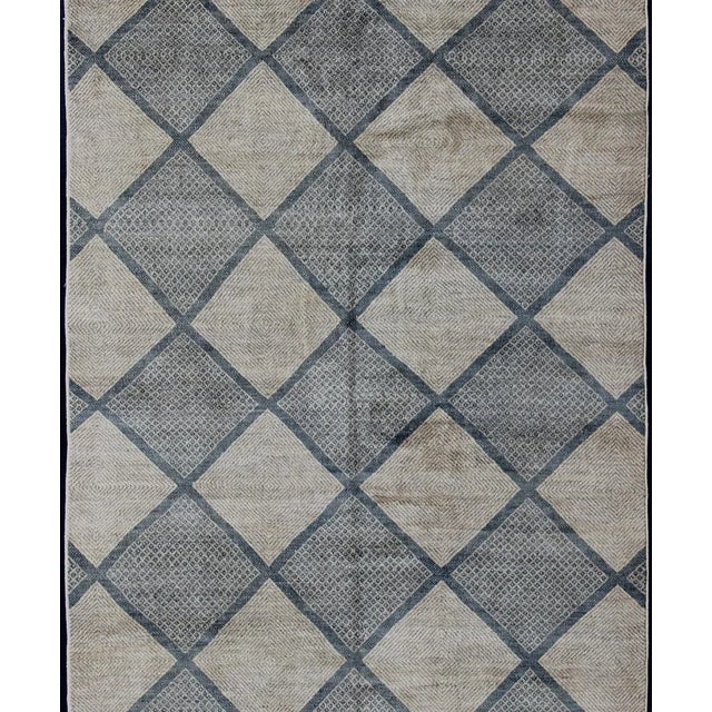 Large Gallery Rug in Modern Diamond Design in Blue-Green and Cream For Sale - Image 4 of 13