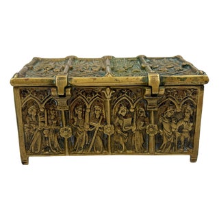 Antique Gothic Revival Bronze Jewelry Box with Religious Scenes, 1890s For Sale