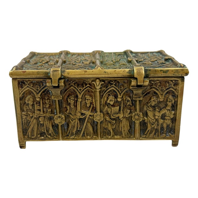 Antique Gothic Revival Bronze Jewelry Box with Religious Scenes, 1890s For Sale