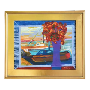 Juan "Pepe" Maldonado Guzman (1948-2022) Nautical Coastal Boats & Flowers in Vase Painting W/ Gold Leaf Frame