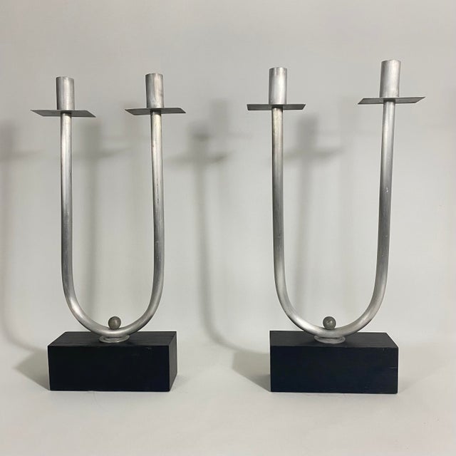 Vintage Modernist Steel Candelabra Holder Pair on an Ebonized Wood Bases For Sale - Image 11 of 13
