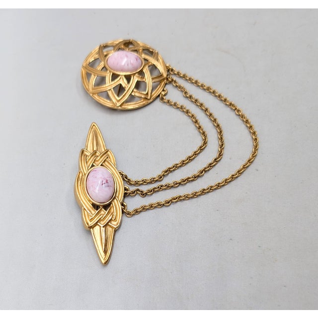 Pink Vintage 1980s Signed Monet Goldtone Pink Cabochon Chatelaine Brooch For Sale - Image 8 of 9