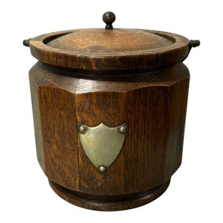 Vintage Antique Oak Biscuit Jar With Silverplate Handle & Shield For Sale