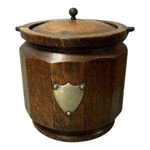 Vintage Antique Oak Biscuit Jar With Silverplate Handle & Shield