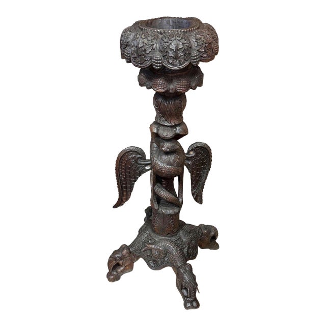 19th Century Anglo Indian Carved Bird & Serpent Wooden Blackwood Plant Stand For Sale