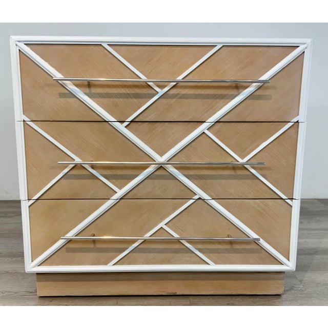 Stylish Modern White and Tan Wood Chippendale Chest of Drawers , three drawers, showroom floor sample