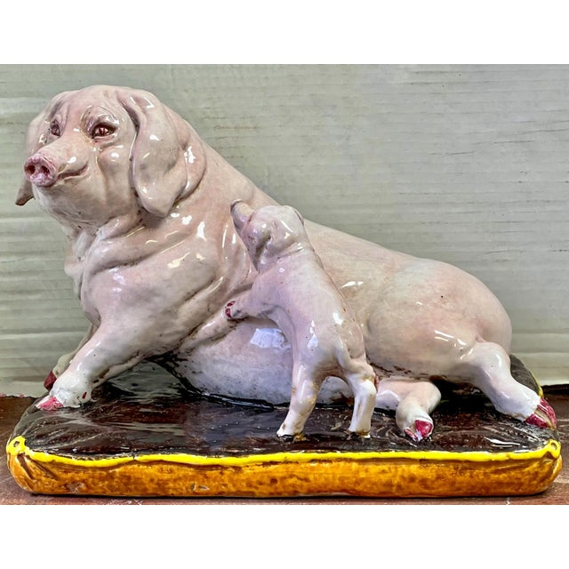 Mid-Century Italian Terracotta Hand Painted Mother Pig & Baby on Pillow Figurine For Sale In Atlanta - Image 6 of 9