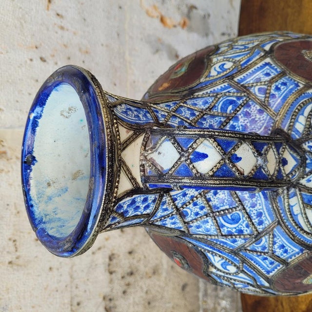 19th Century Filigree Vase in Ceramic, Leather, Enamel and Metal by Safi, Morocco For Sale - Image 15 of 18